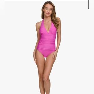 DKNY  L carnation pink v neck swim suit